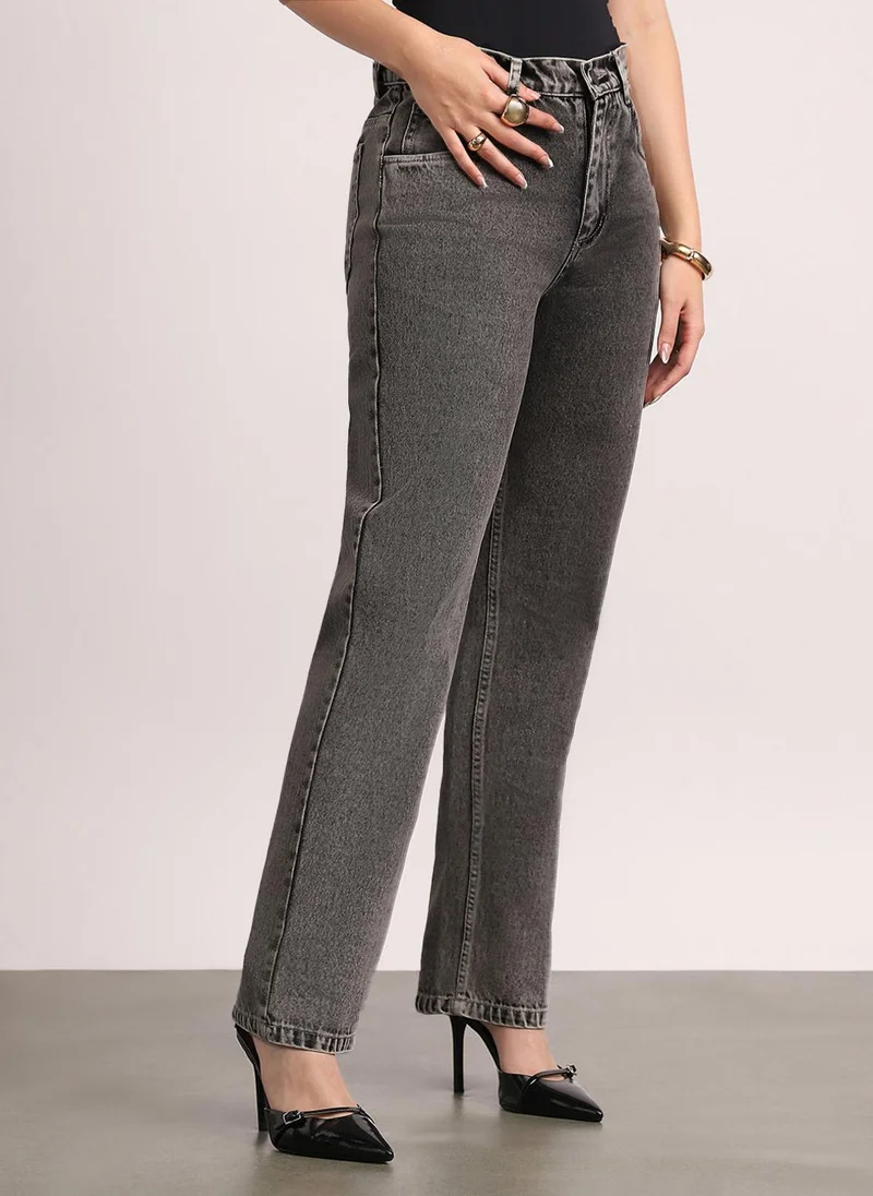 Urbano Fashion  Urbano Fashion Women's Light Grey High Rise Straight Fit Washed Jeans Non-Stretchable for Women | Best Price UAE